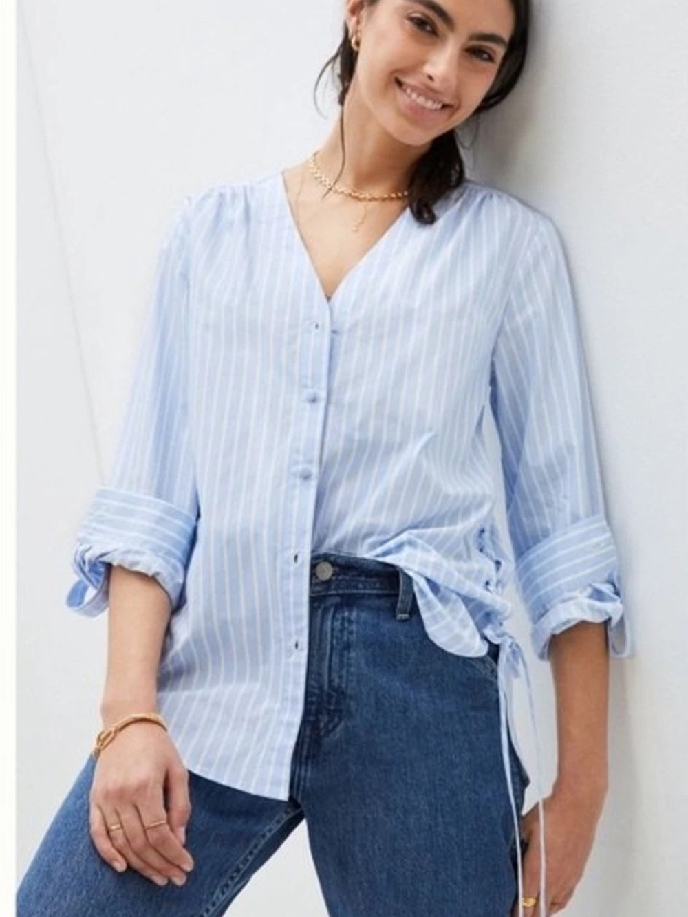 Mare Mare Anthropologie Blue White Striped Lace Up Sides Cotton Blouse Small